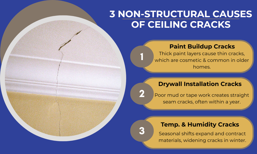 An infographic by AMC911 explaining 3 non structural causes of ceiling cracks
